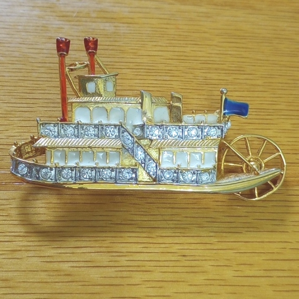 Steamboat ship Goldtone brooch pin Carnival Cruise Rhinestones enameled Vtg